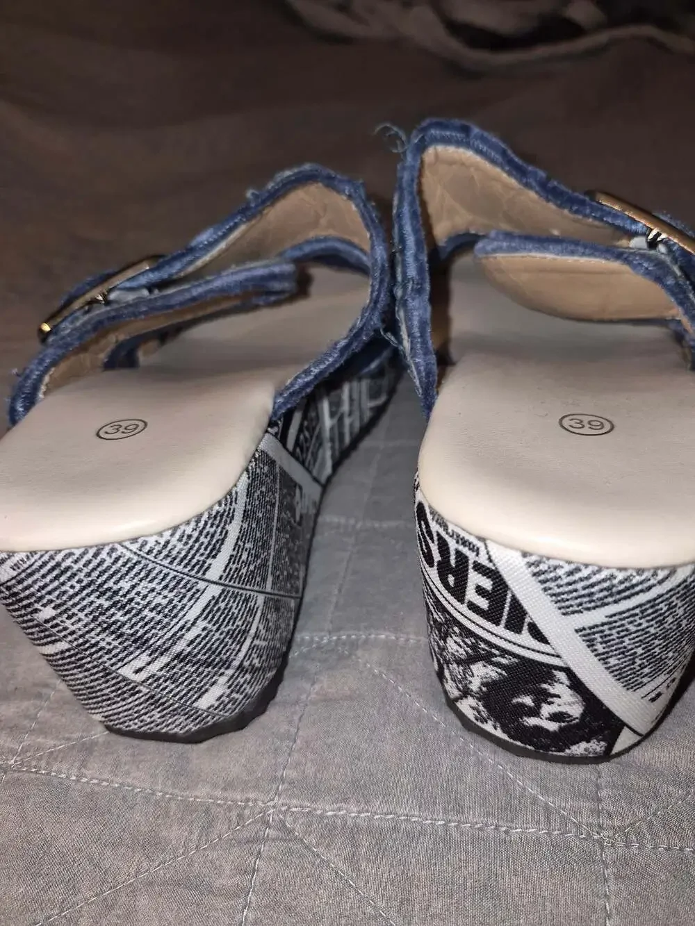 Women's Denim and Newspaper Print Platform Wedge Sandals with Buckle Strap